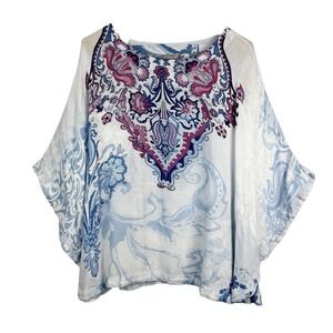 Chicos Women's Top L / XL Light Blue Floral Lightweight Batwing Lagenlook Blouse